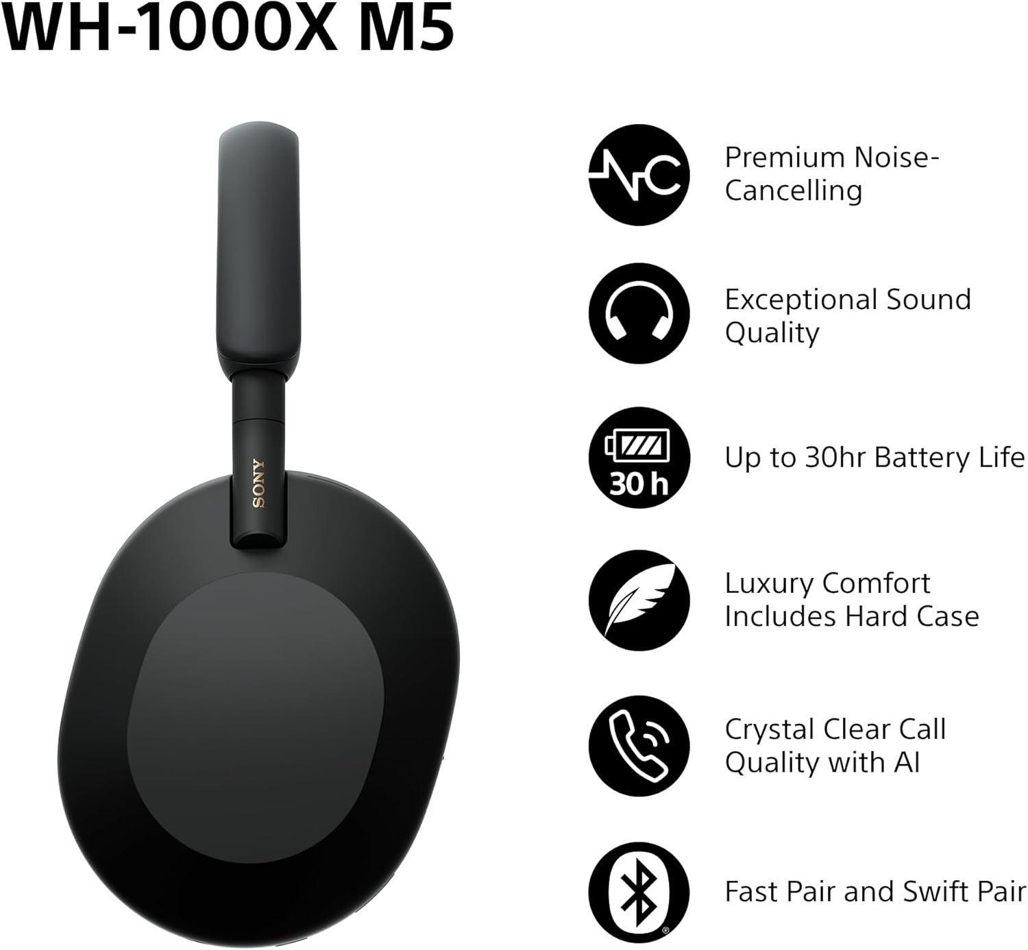 Sony WH-1000XM5 Premium Noise Cancelling Over Ear Headphones Hard Case Black3